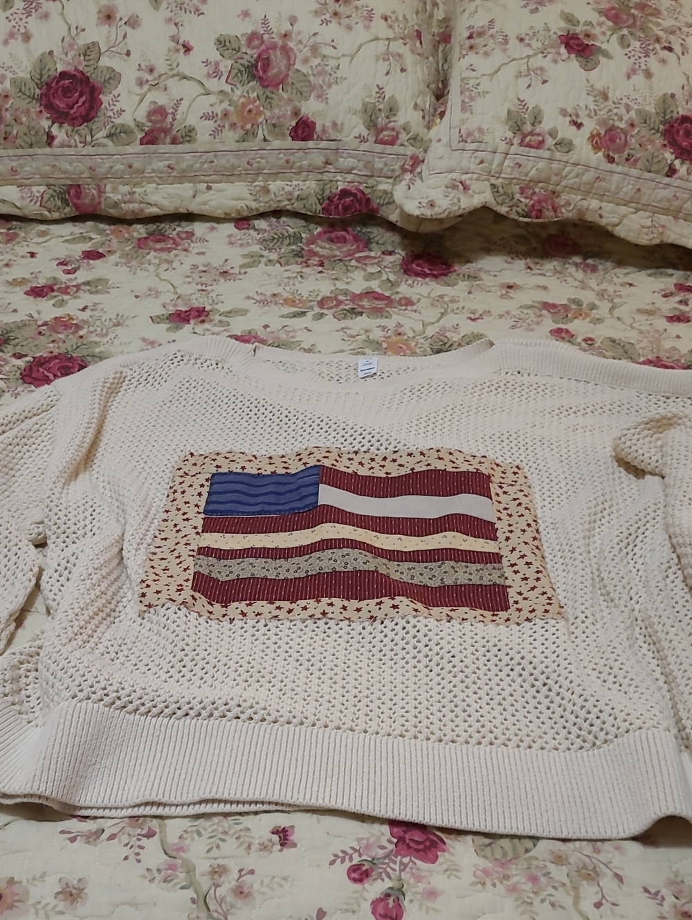 Old Navy Cream Open-Knit Sweater with Flag Patch Hand Made